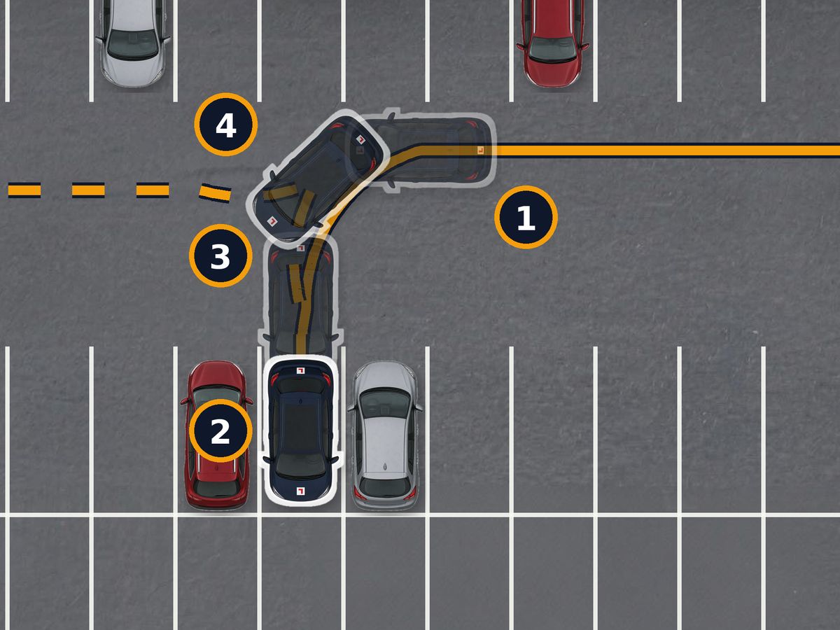 A car park from above. The car keeps to the far side of the aisle, turns into a bay forwards and stops in the middle, then reverses straight back until its front is clear of the car beside it, steers out into the aisle, stops, and drives away.