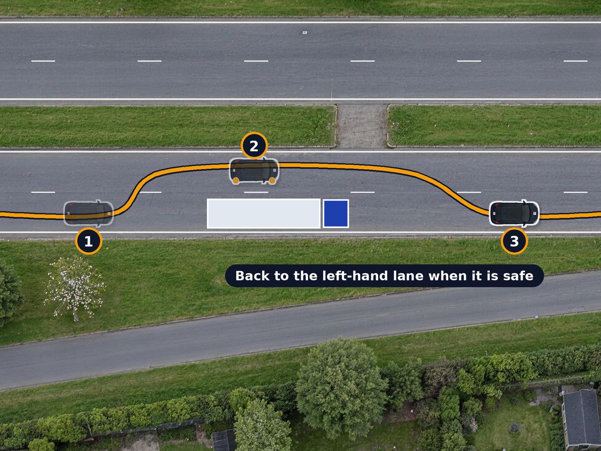 A dual carriageway from above. Your car comes up behind a lorry in the left-hand lane, moves out to the right-hand lane signalling right, passes it, and moves back to the left-hand lane well ahead of it.