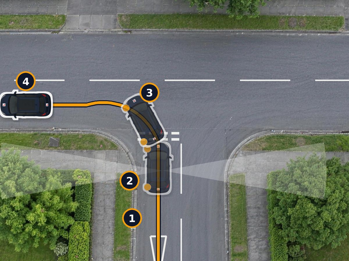 A T-junction from above. The car comes up the side road on the left, stops at the give way lines and looks right and left while a car passes from the right, then turns left into the near lane of the main road.