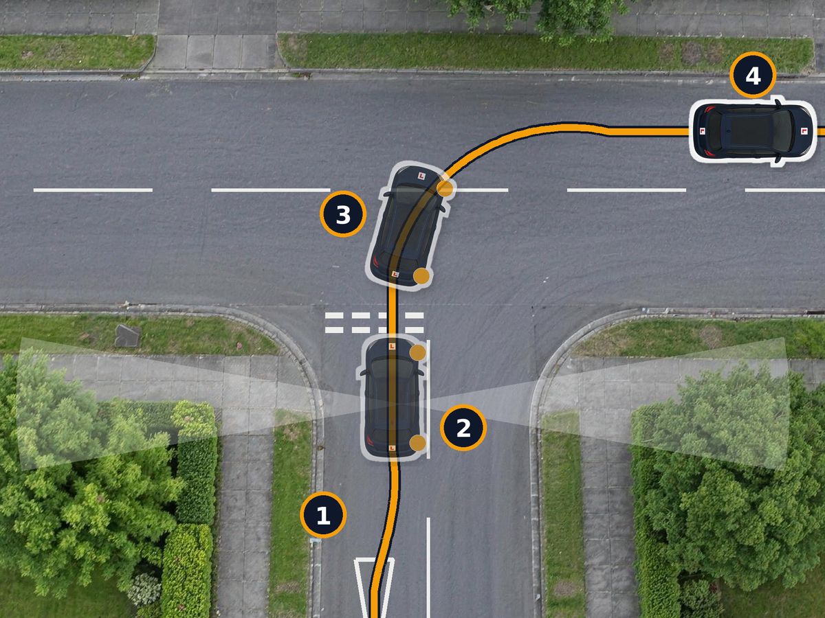 A T-junction from above. The car comes up the side road, moves to just left of its middle, stops at the give way lines and looks both ways while cars pass from the right and then the left. It then drives out to near the middle of the main road and turns right into the far lane.