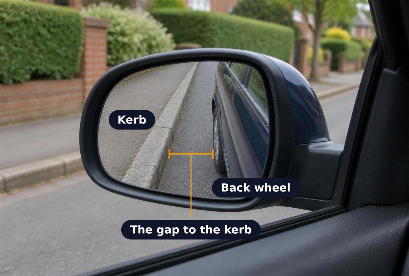 A left door mirror tilted down. It shows the side of the car, the back wheel, the gap of road to the kerb, and the kerb.