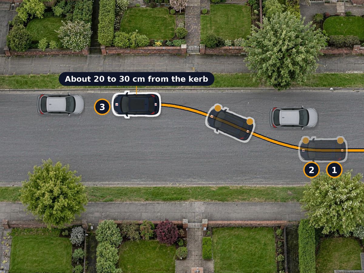A street from above. The car moves out towards the centre line signalling right, waits while an oncoming car passes, then crosses at a gentle angle and stops close to the kerb on the right.