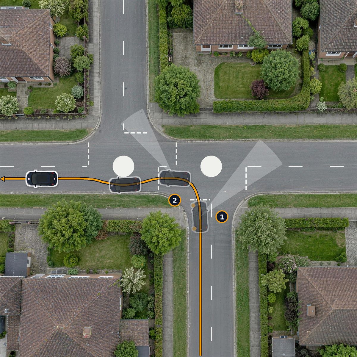 Two mini-roundabouts close together, from above. The path turns left at the first, then goes straight on at the second.