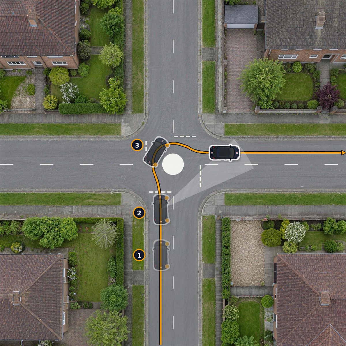 A mini-roundabout from above. The path comes up the left-hand side of the road, goes round the white circle and leaves to the right.