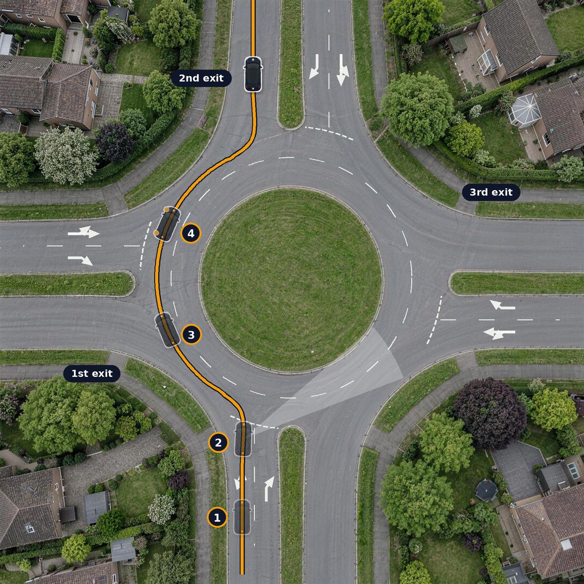 A roundabout from above. The path comes in on the left-hand lane, goes past the first exit with no signal, then signals left and leaves at the second exit.