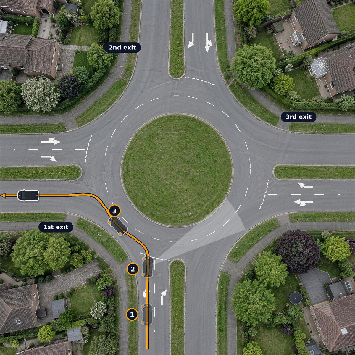 A roundabout from above. The path comes in on the left-hand lane and leaves at the first exit, signalling left all the way.