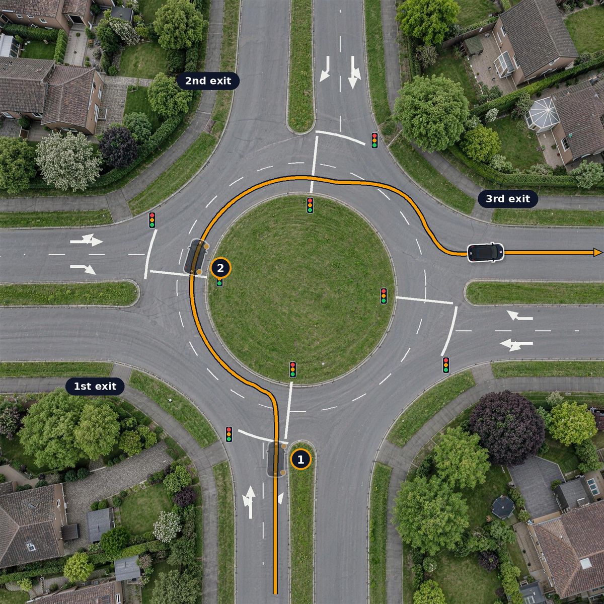 A roundabout from above with traffic lights at each entry and on the roundabout itself, and a path turning right.