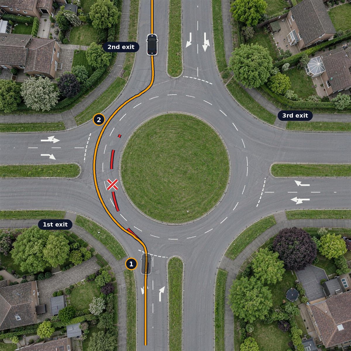 A roundabout from above. A red dashed path cutting across from the left-hand lane to the inside is crossed out; the amber path stays in the left-hand lane and leaves at the second exit.
