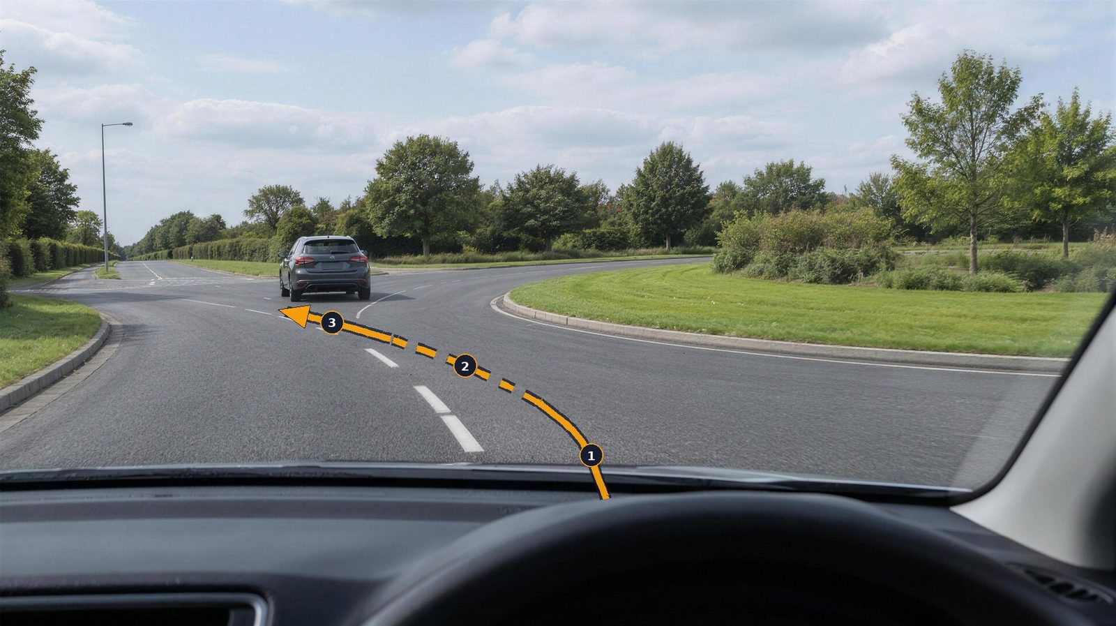 The view through the windscreen on a roundabout, with a dashed path moving from the right-hand lane into the left-hand lane behind the car ahead.