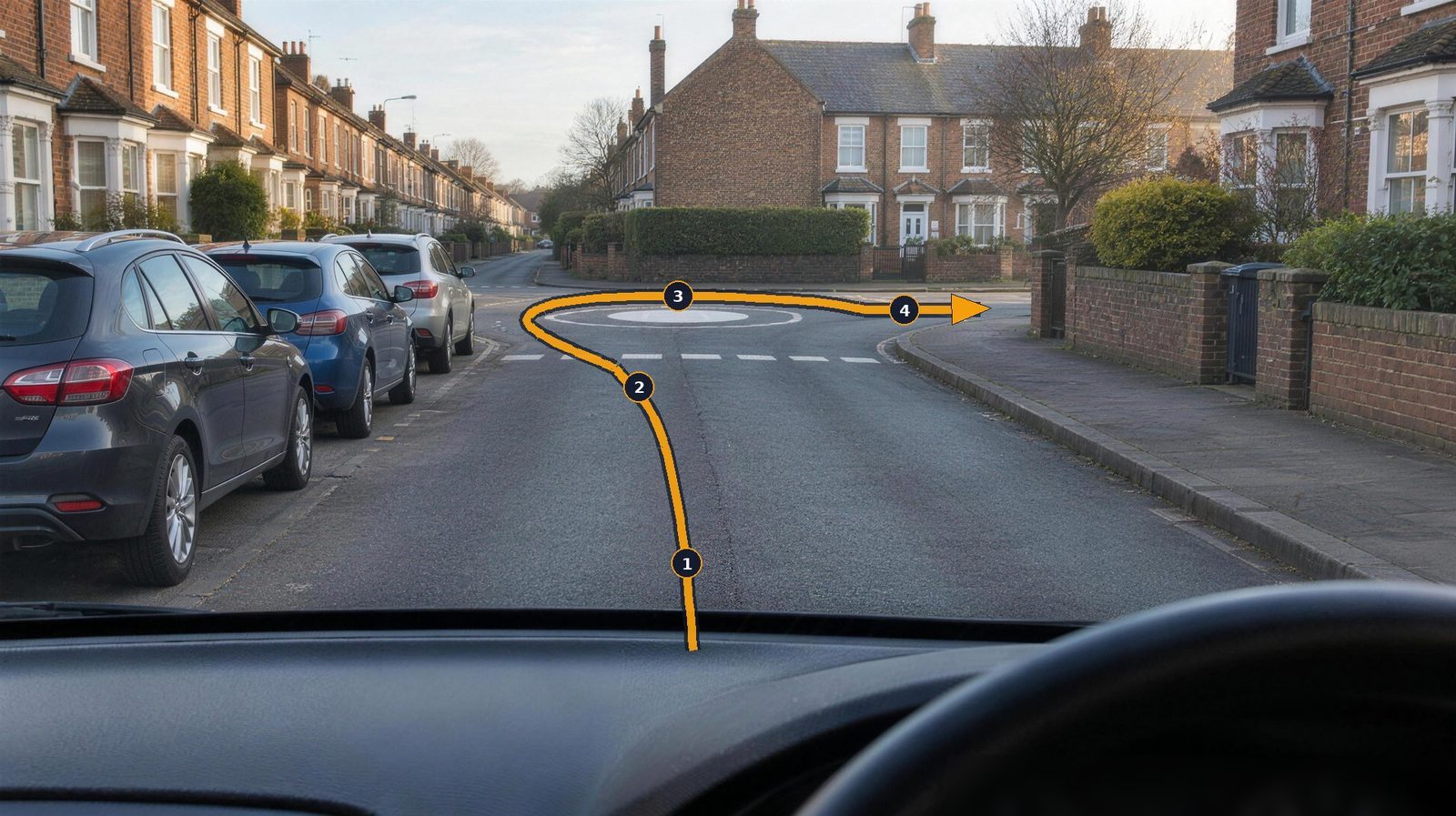The view through the windscreen at a mini-roundabout on a residential street, with a path drawn round the white circle and out to the right.