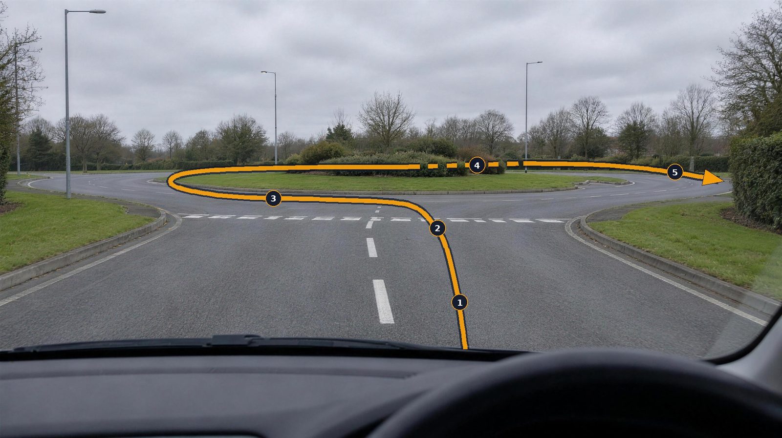 The view through the windscreen at a large roundabout, with a path drawn from the right-hand lane, round the inside of the island, then out to the exit on the right.