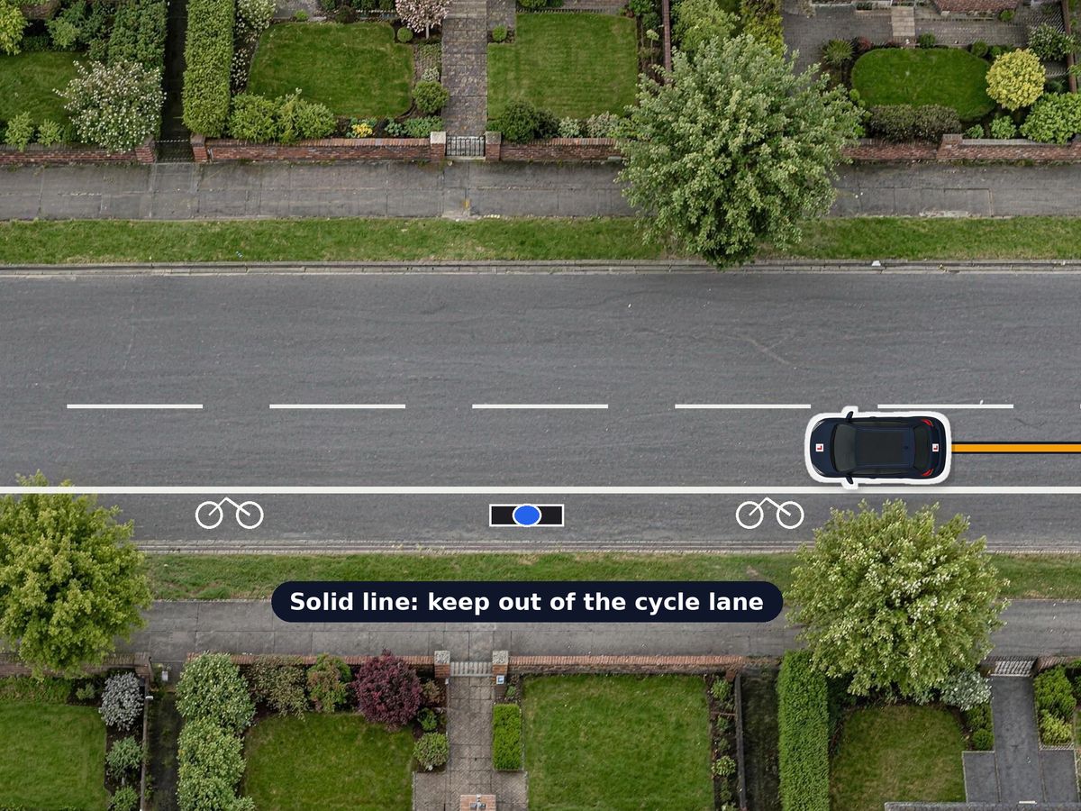 A two-way street from above with a cycle lane on your side, marked by a solid white line and bicycle symbols. A cyclist rides in it and your car keeps out of it.